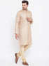Vastramay Men's Beige And Gold Silk Blend Kurta Pyjama Set